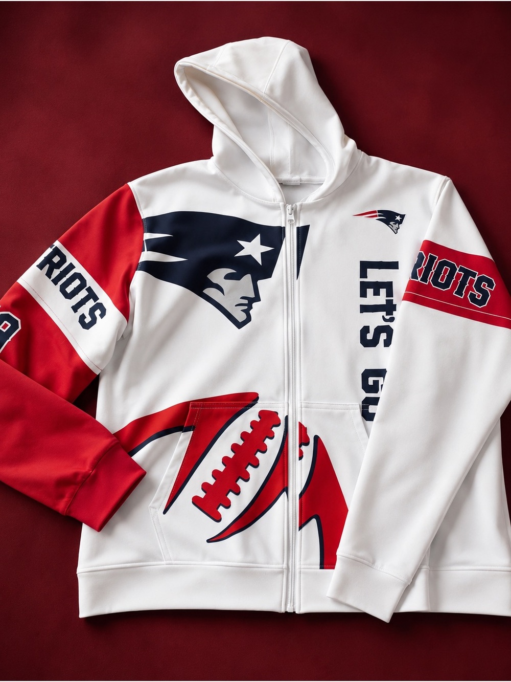 New England Patriots White Team Hoodie with Red & Navy Graphics